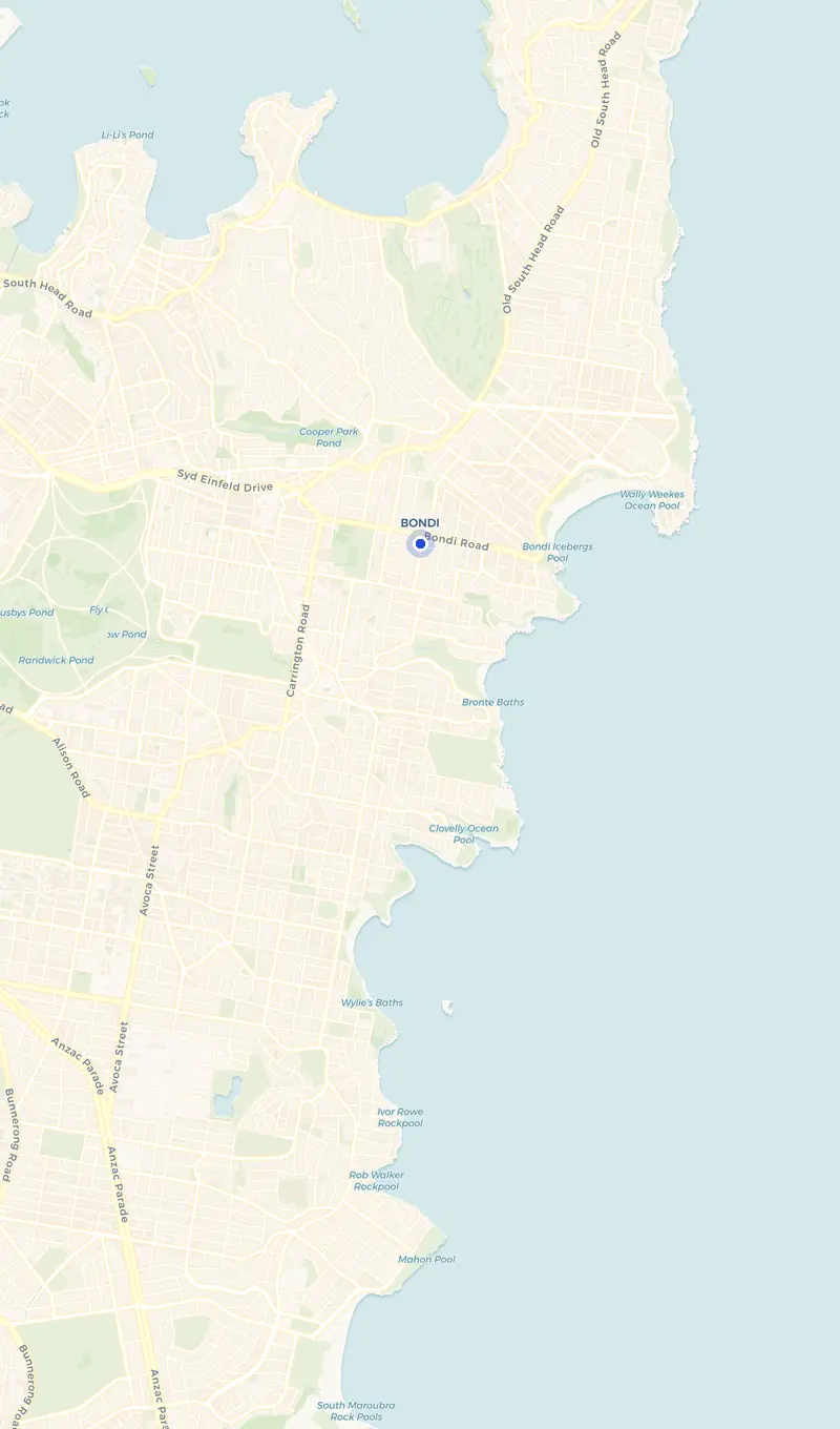 Map of the Bondi service area and the surrounding suburbs we cover.