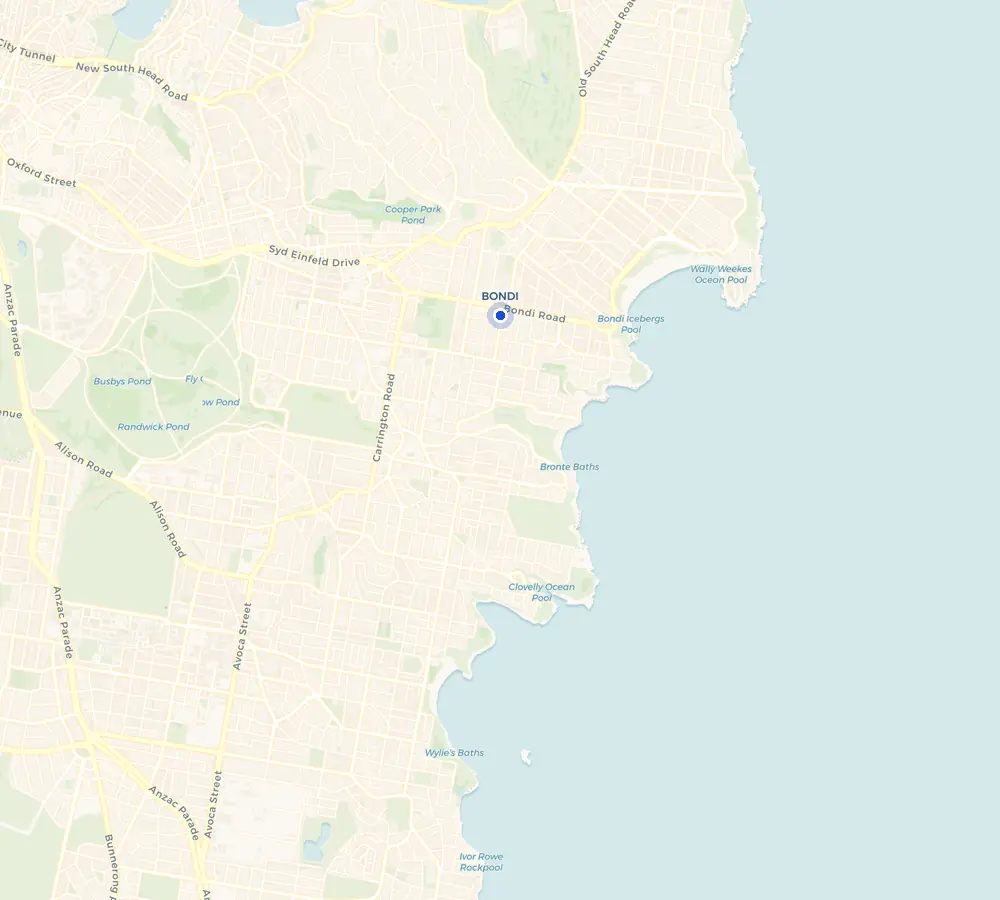 Map of the Bondi service area and the surrounding Eastern Suburbs, showing Bondi and the nearby streets we cover.
