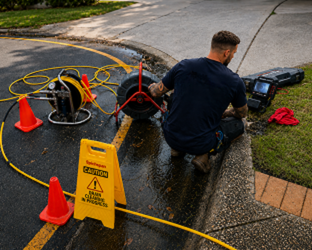 Plumber inspecting a blocked drain on site