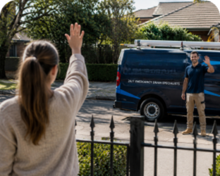 Customer waving goodbye to a Bondi Blocked Drains plumber